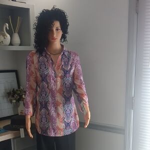 Alfred Dunner Pink and Purple Graphic Blouse with Mandarin Collar
